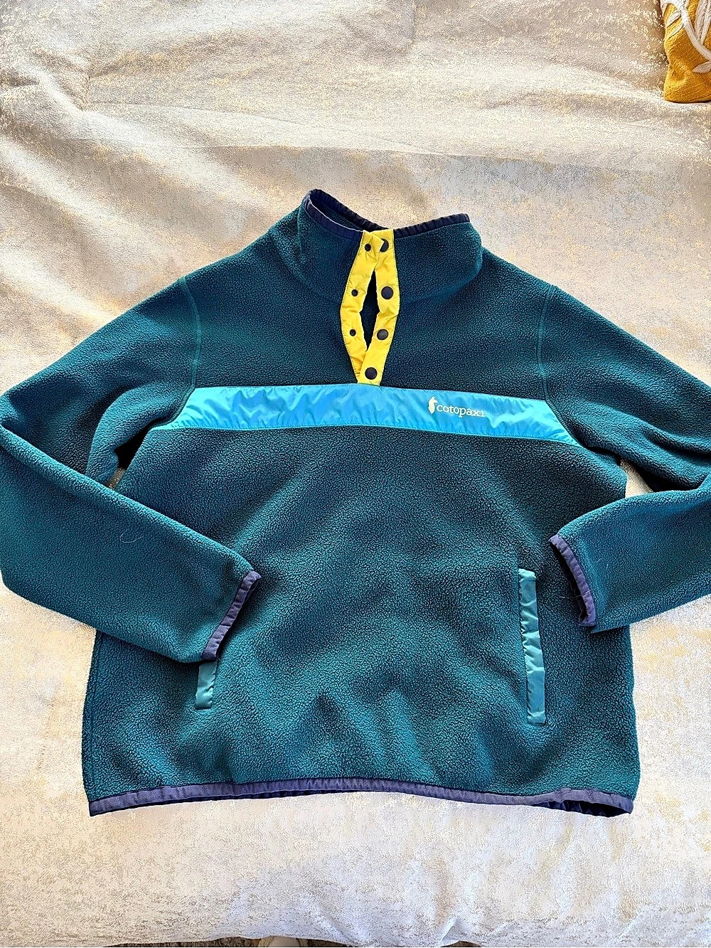 Cotopaxi Men's Teca Fleece Pullover Colorblock Teal Green Yellow Size XL